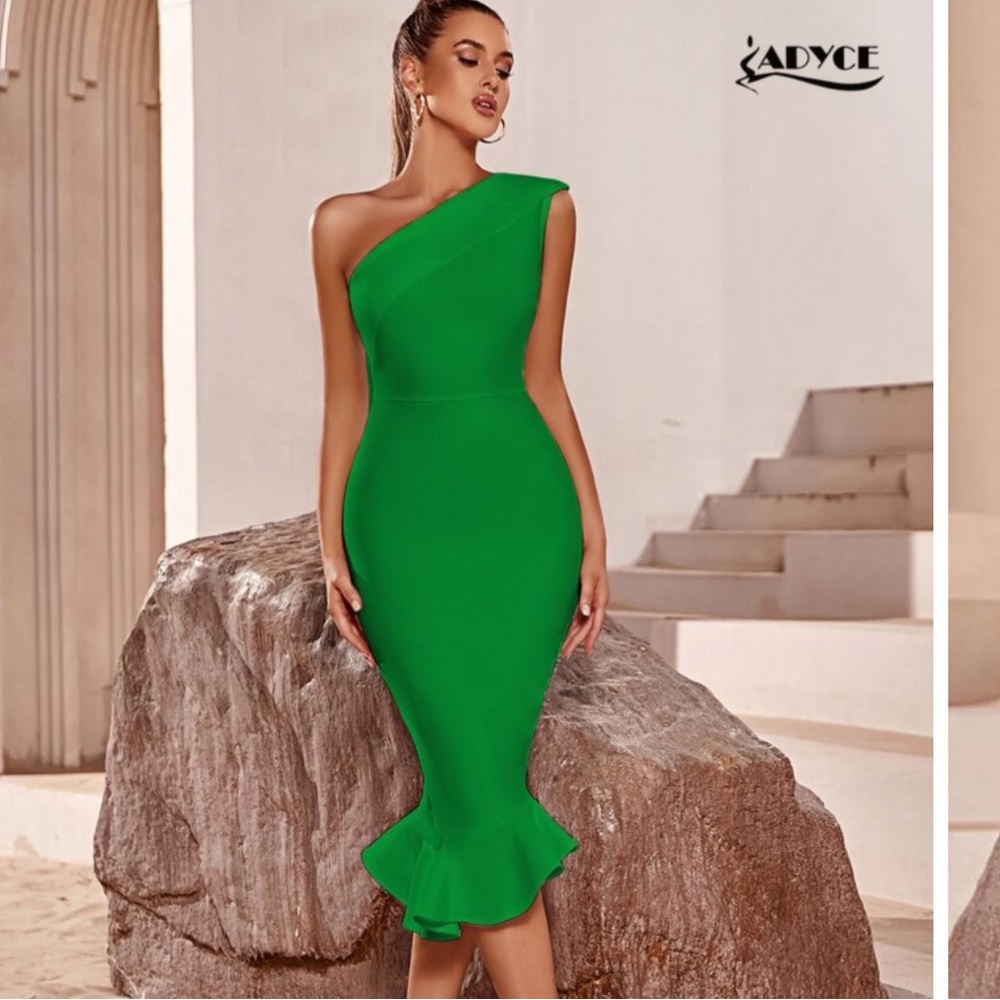 ADYCE One Shoulder Fishtail Hem Wedding Party Bodycon Bandage Green Dress Small